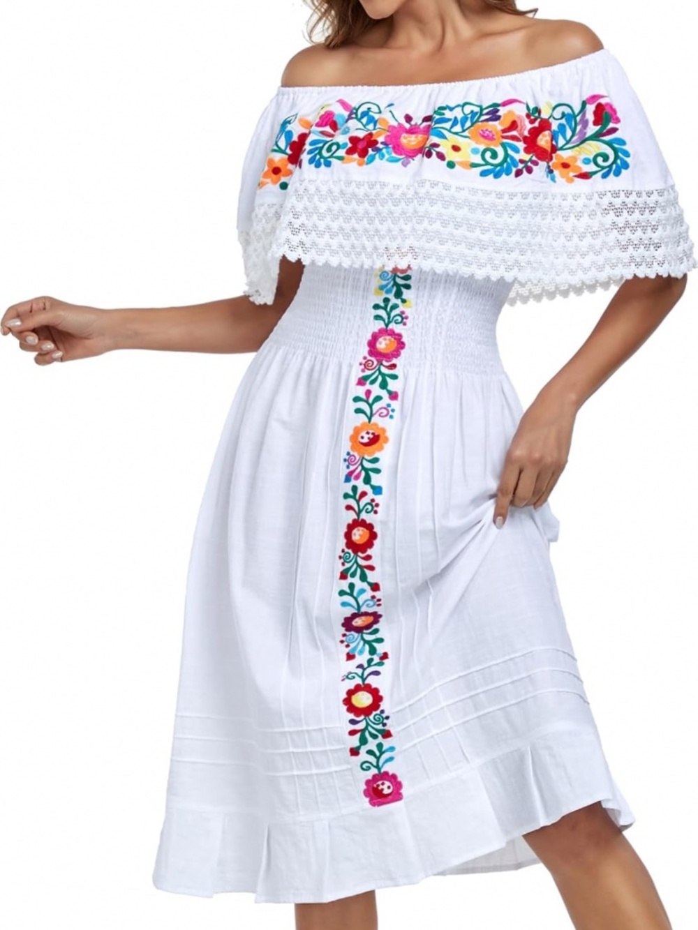 Embroidered Off-Shoulder White Midi Dress with Multicolor Floral Trim